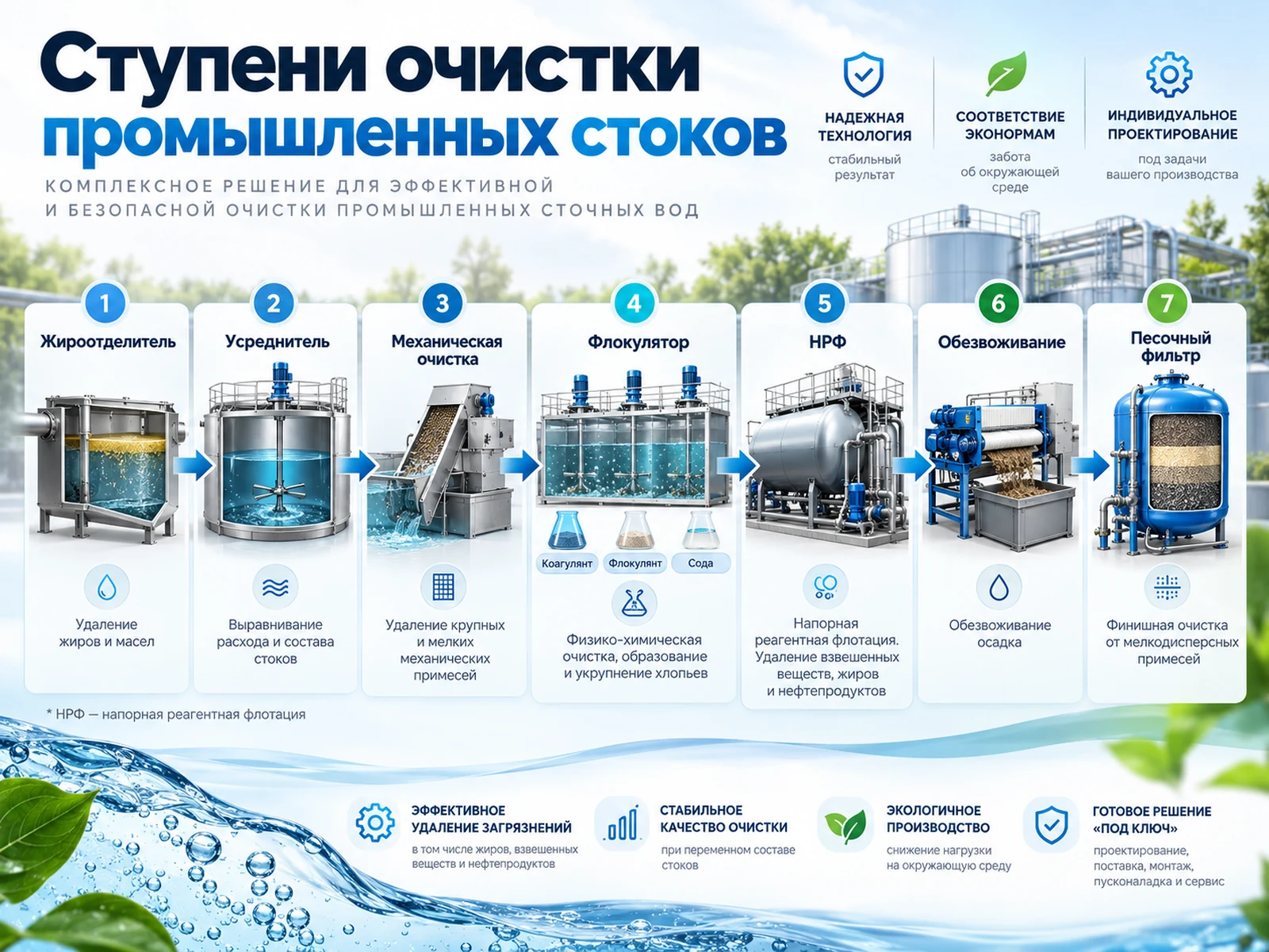 Ступени очистки промышленных стоков АктивСток Prom: жироотделитель, усреднитель, механическая очистка, флокулятор, напорная реагентная флотация, обезвоживание осадка, песочный фильтр